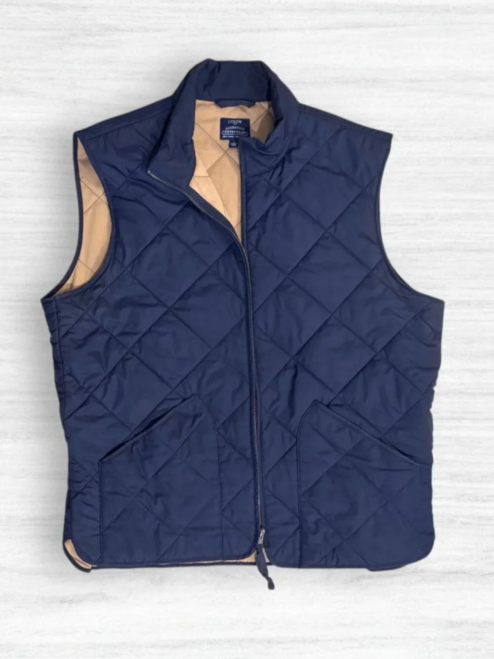 J.Crew Walker Quilted Vest Navy Blue Zip Up Tan Authentic Outerwear Mens L
